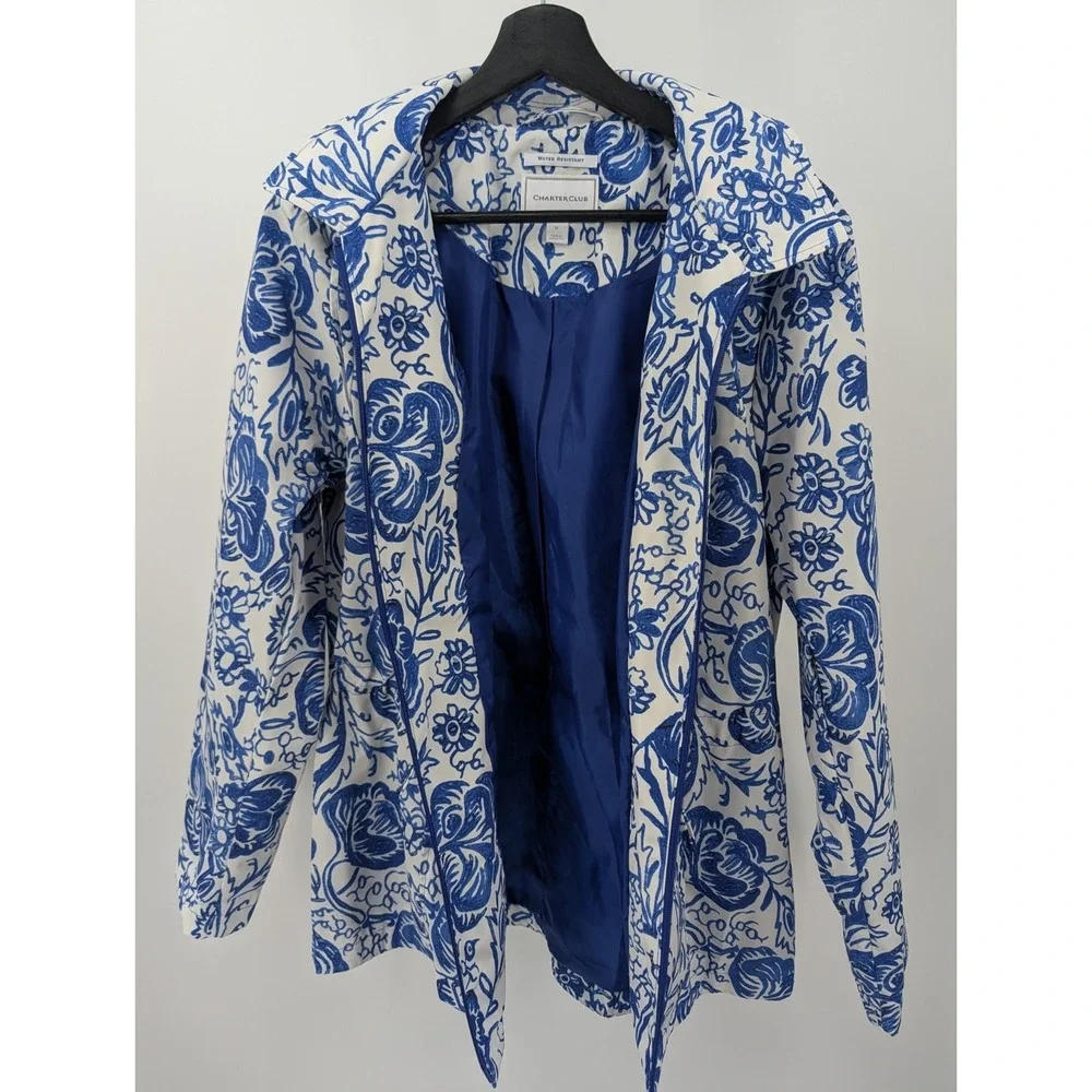 Charter Club Blue Floral Water Resistant Anorak Rain Coat Women's Size‎ M Hooded